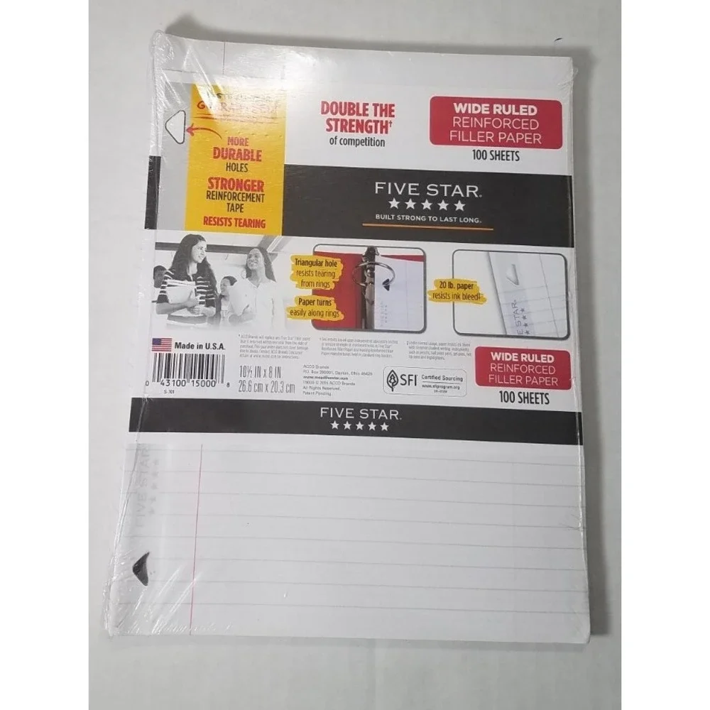 Five Star Reinforced Filler Paper 2-College 1-Wide Ruled 100 Sheets Ea Pack NEW‎
